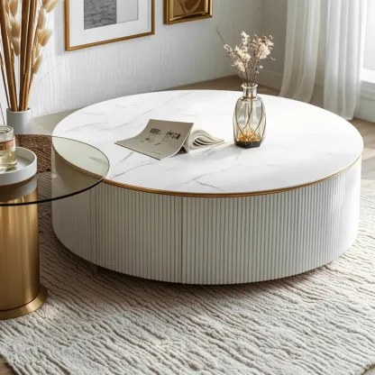 White Round Wood Lift-Top Drawer Coffee Table Image - 5