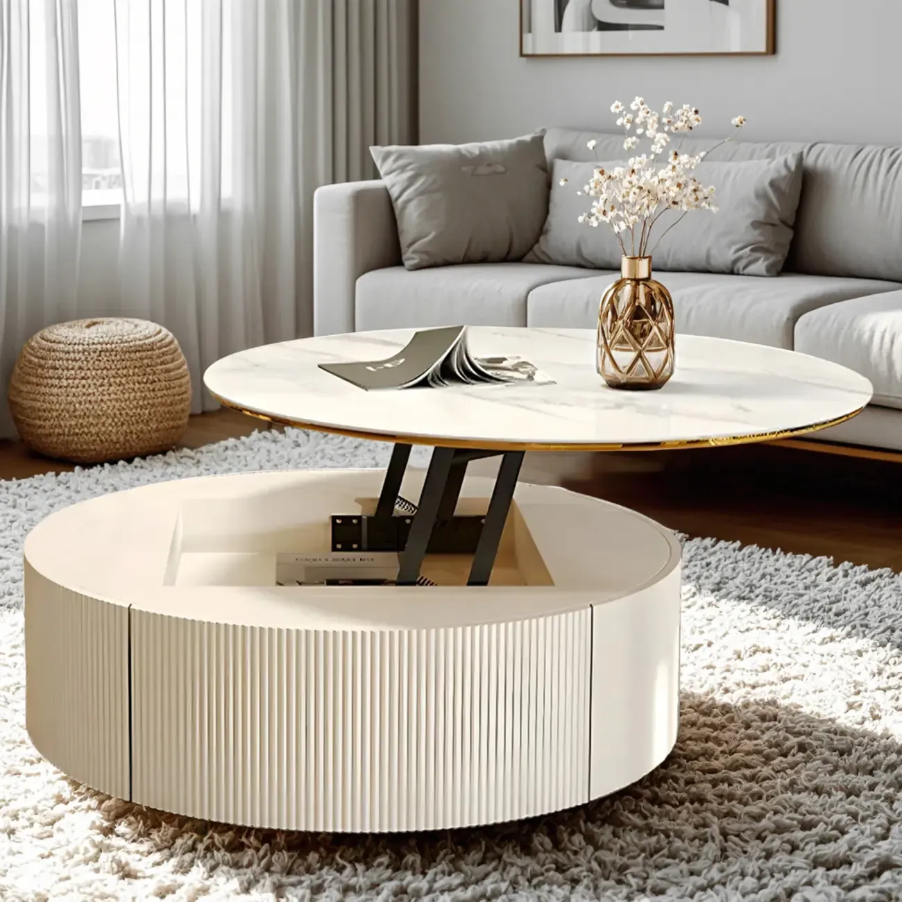 White Round Wood Lift-Top Drawer Coffee Table Image - 6