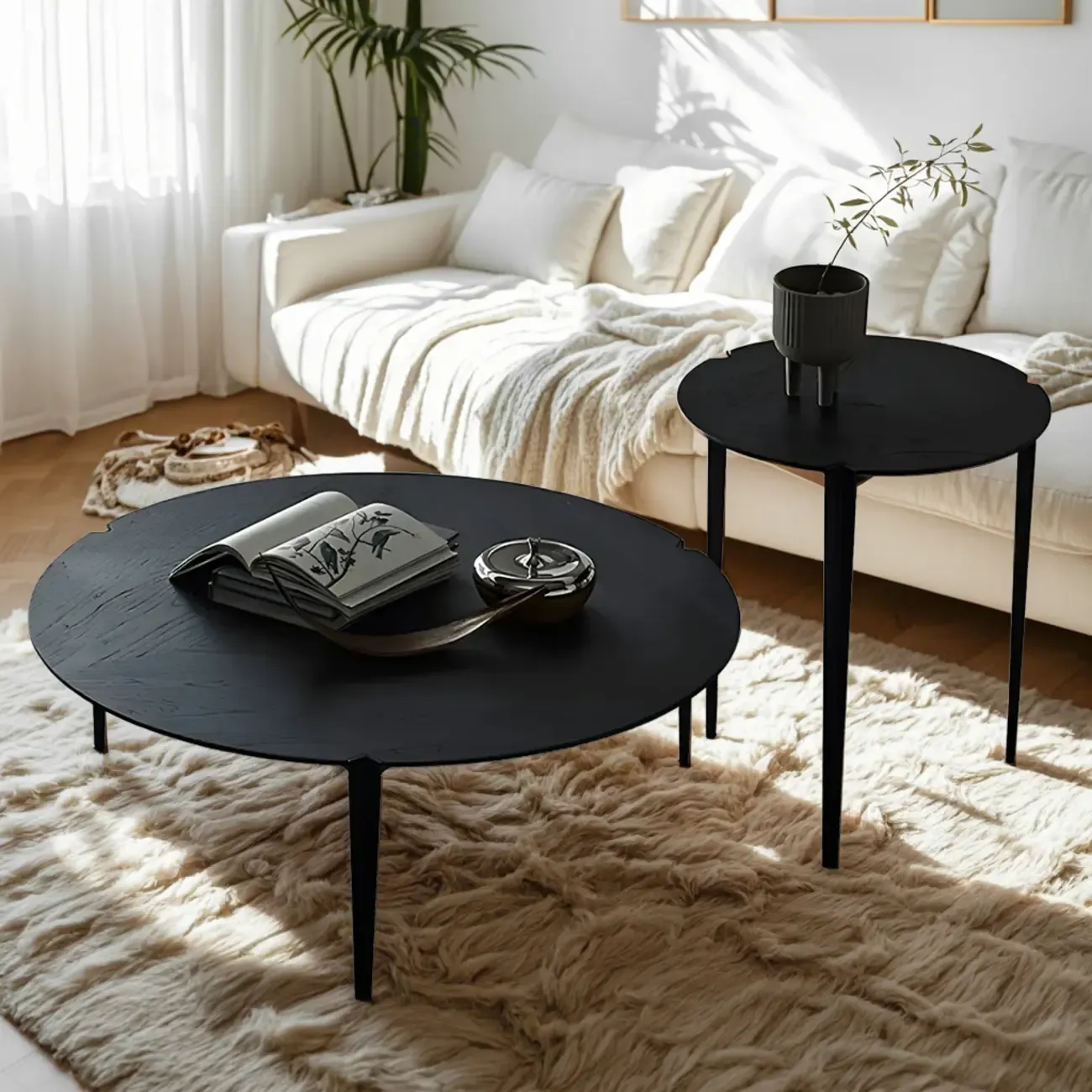 Black Scandinavian Chic Round Wood Coffee Table Image - 1