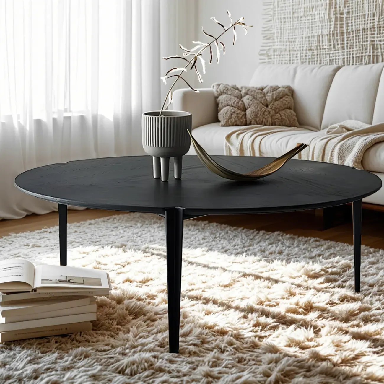 Black Scandinavian Chic Round Wood Coffee Table Image - 3