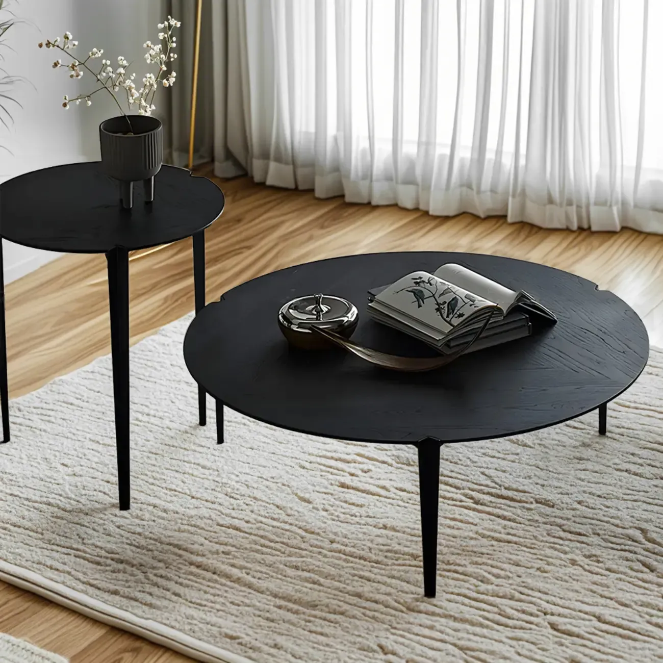 Black Scandinavian Chic Round Wood Coffee Table Image - 4