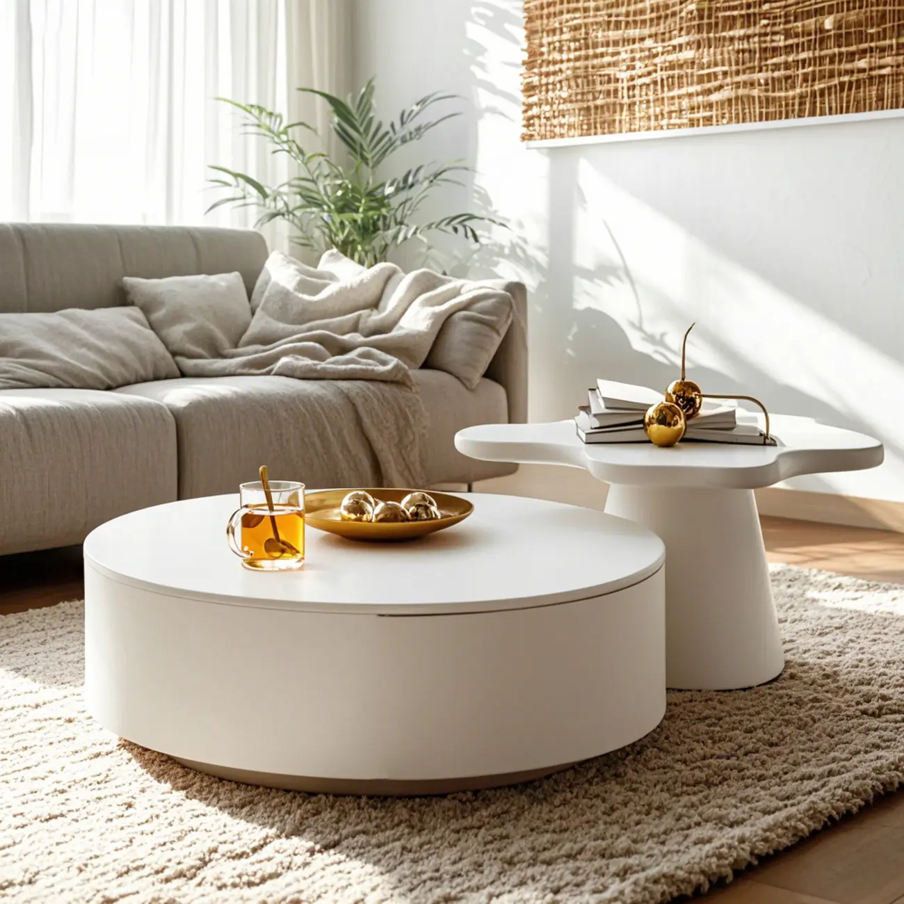White Round Pedestal Modern Wood Drawer Coffee Table Image - 1 | homeyfad