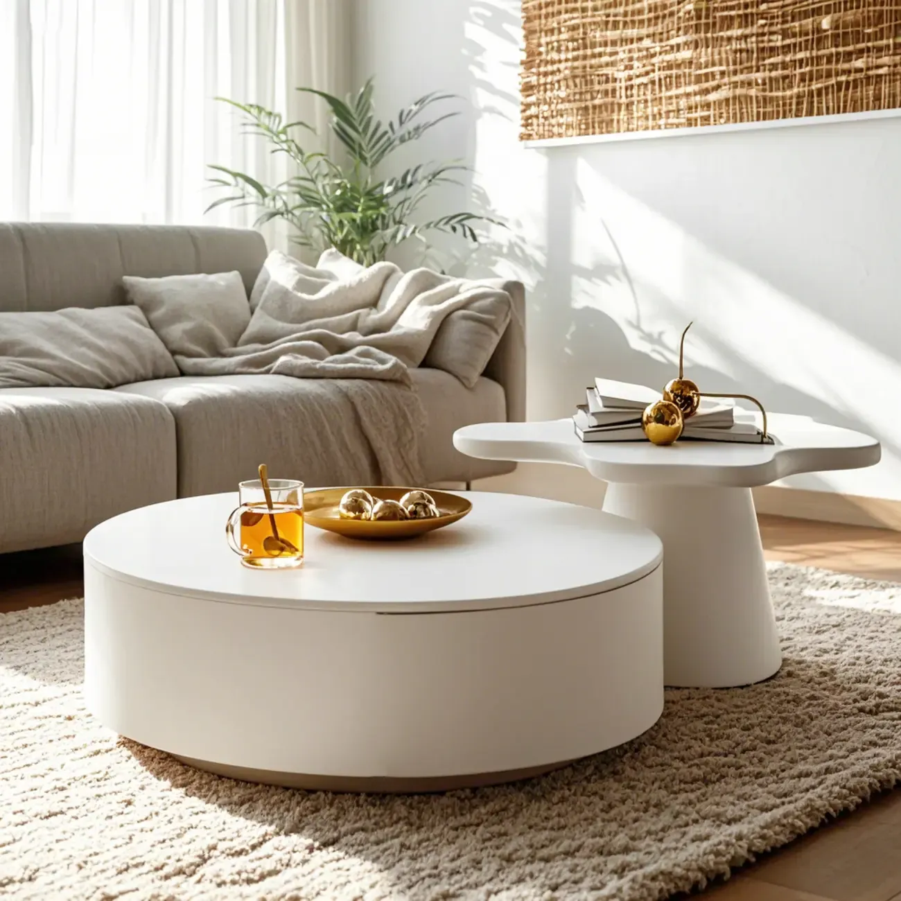 White Round Pedestal Modern Wood Drawer Coffee Table Image - 1