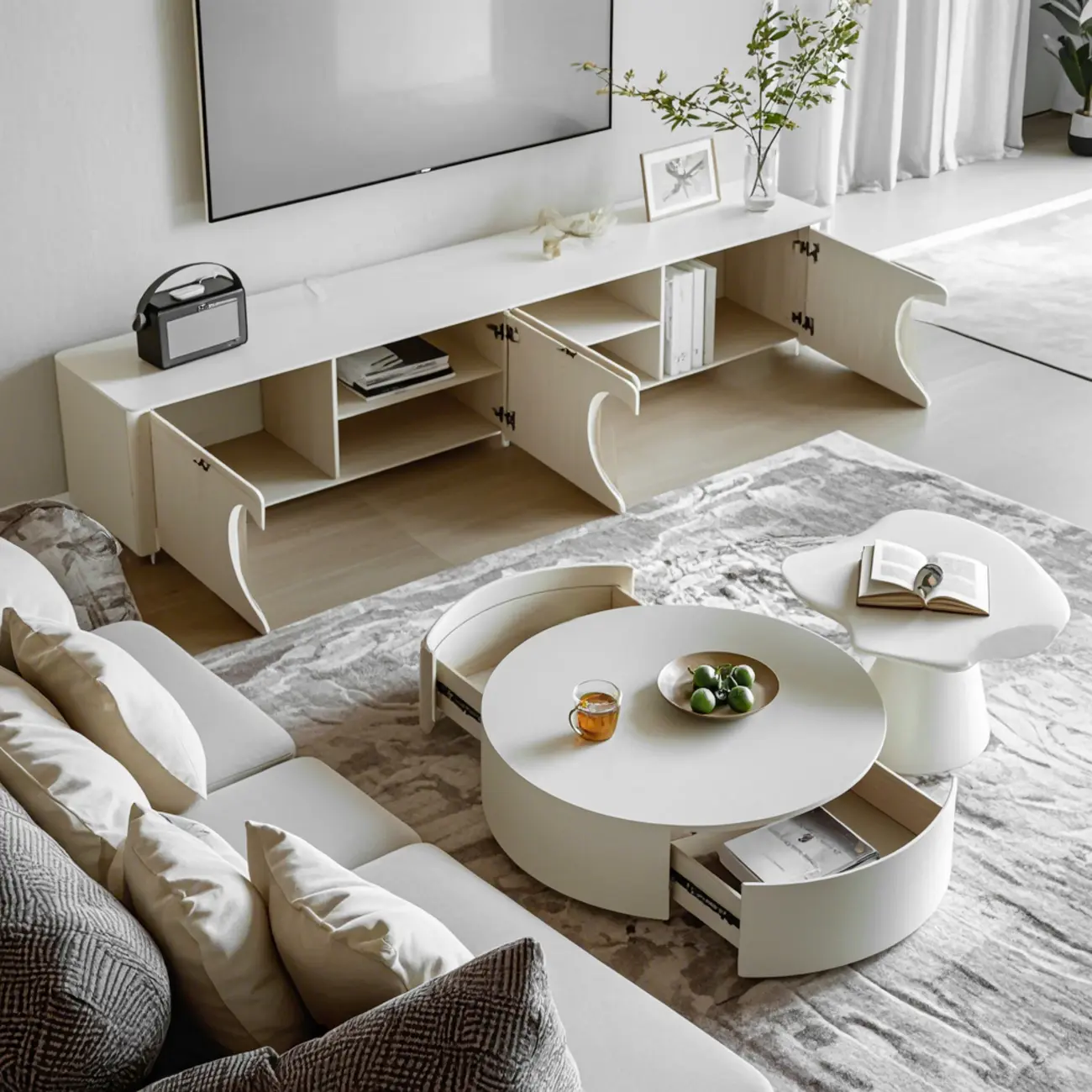 White Round Pedestal Modern Wood Drawer Coffee Table Image - 3 | homeyfad