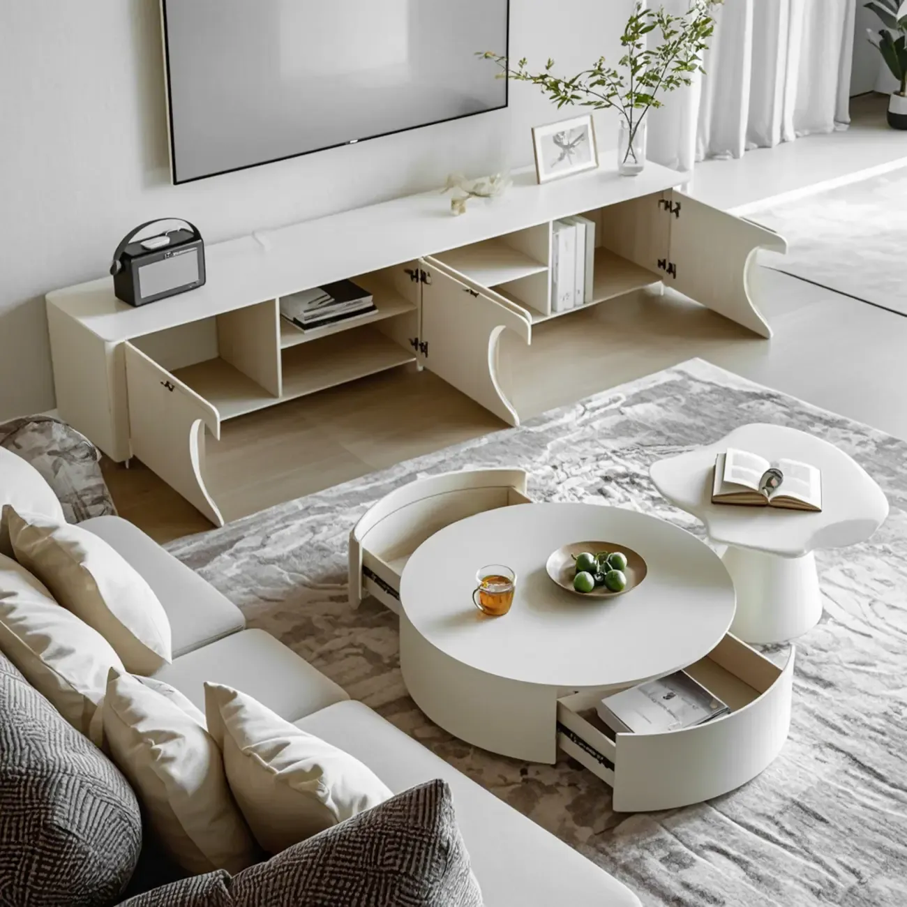 White Round Pedestal Modern Wood Drawer Coffee Table Image - 3