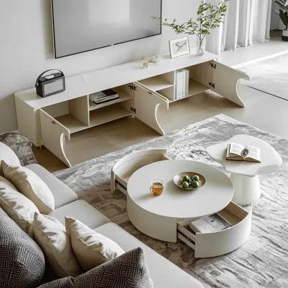 White Round Pedestal Modern Wood Drawer Coffee Table Image - 3