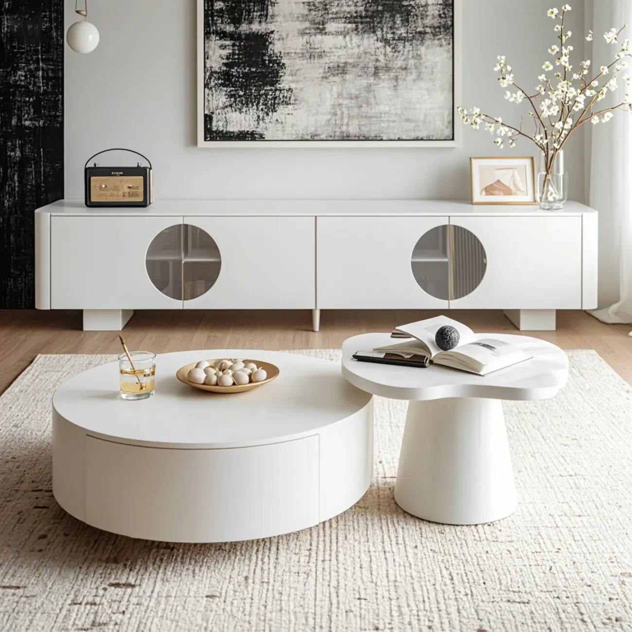 White Round Pedestal Modern Wood Drawer Coffee Table Image - 2 | homeyfad