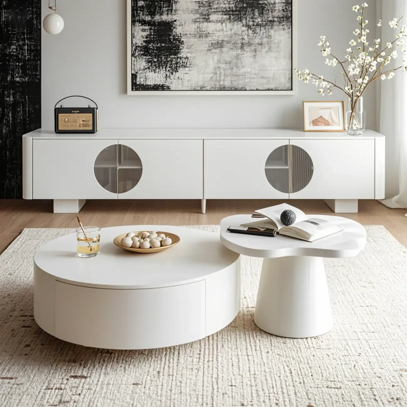White Round Pedestal Modern Wood Drawer Coffee Table Image - 2
