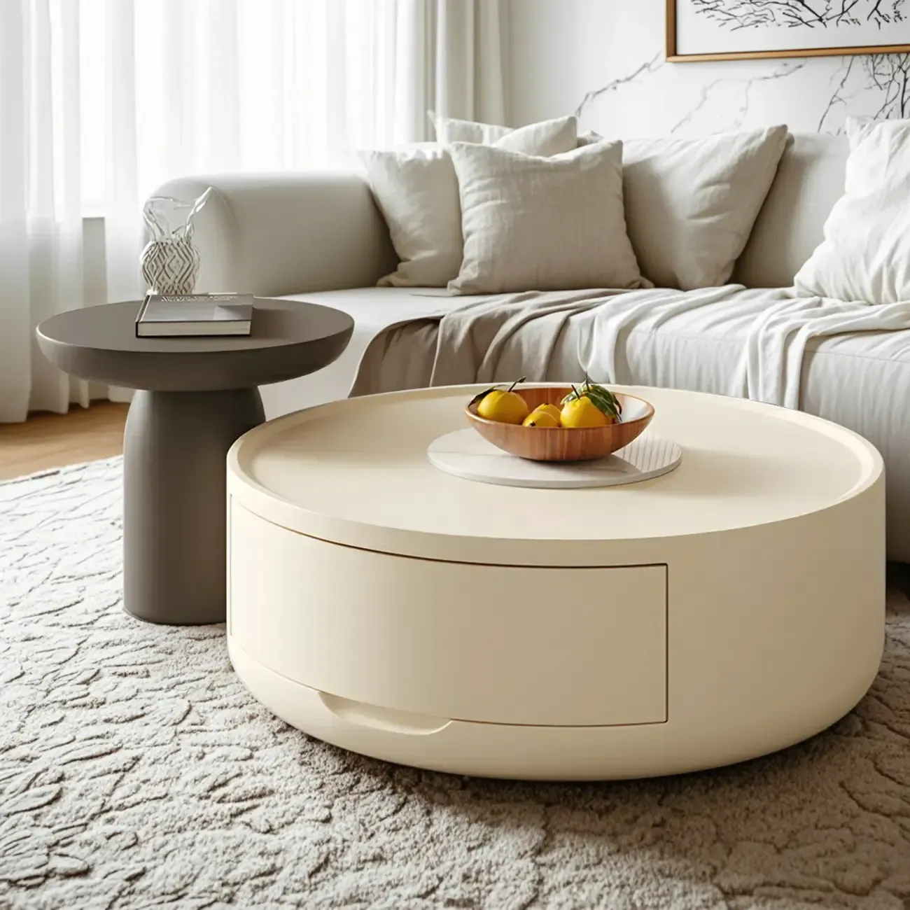 White Sleek Round Wood Drawer Coffee Table Image - 1