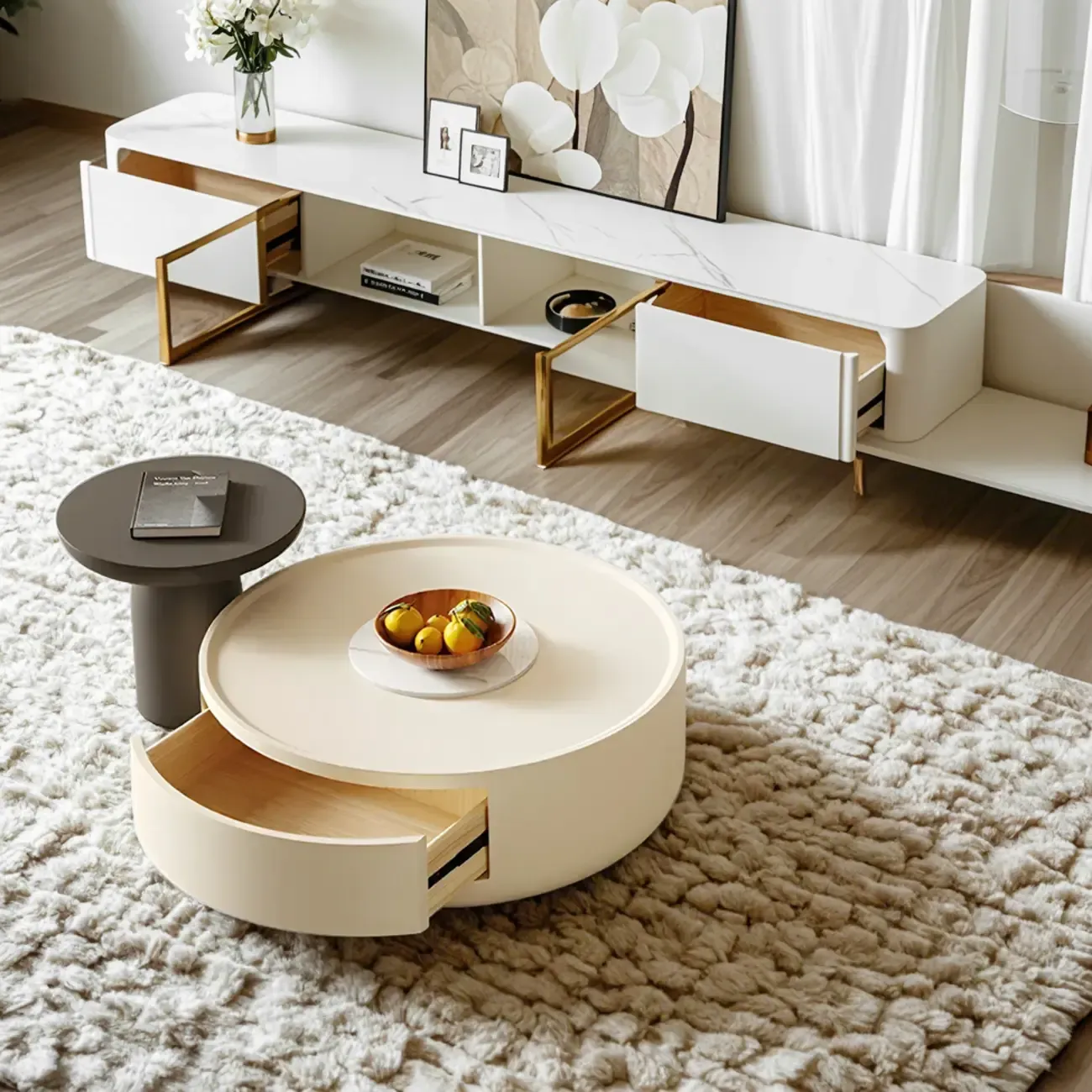 White Sleek Round Wood Drawer Coffee Table Image - 2
