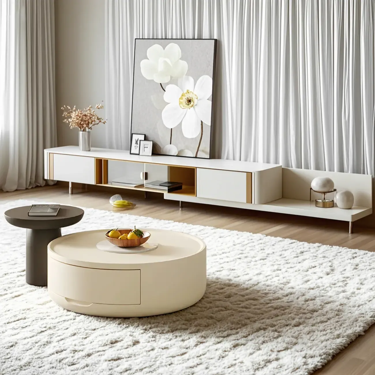 White Sleek Round Wood Drawer Coffee Table Image - 3
