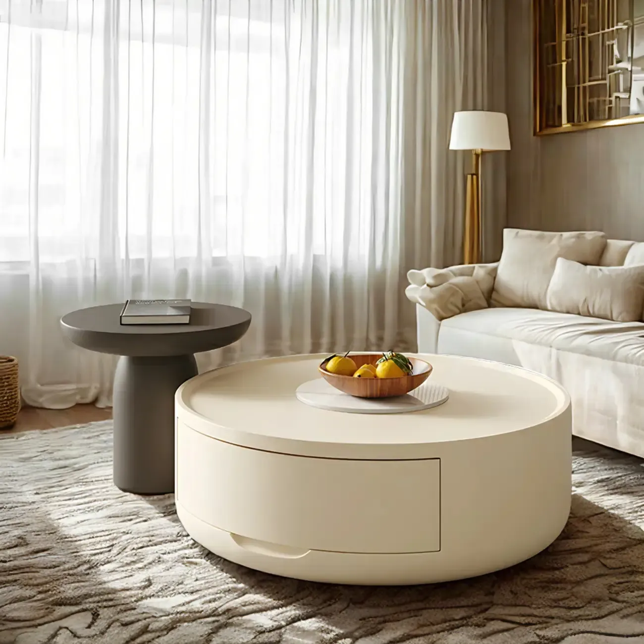 White Sleek Round Wood Drawer Coffee Table Image - 4