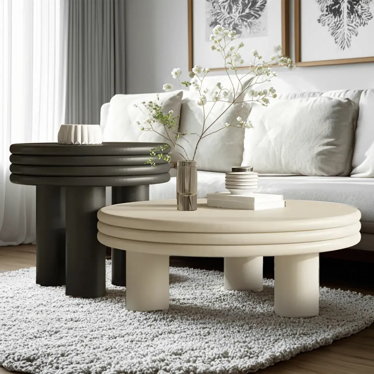 White Black Modern Elegant Round Wood Coffee Table Image - 1