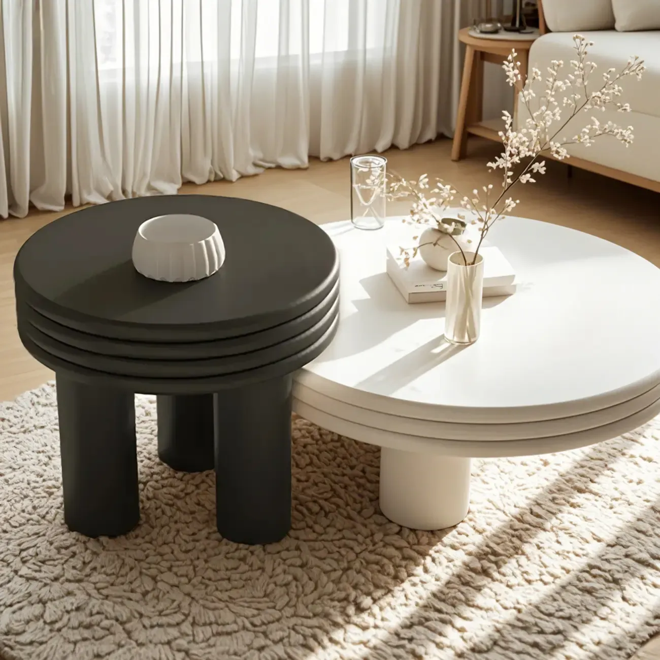White Black Modern Elegant Round Wood Coffee Table Image - 2