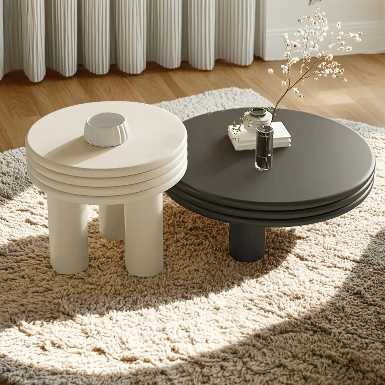 White Black Modern Elegant Round Wood Coffee Table Image - 3 | homeyfad