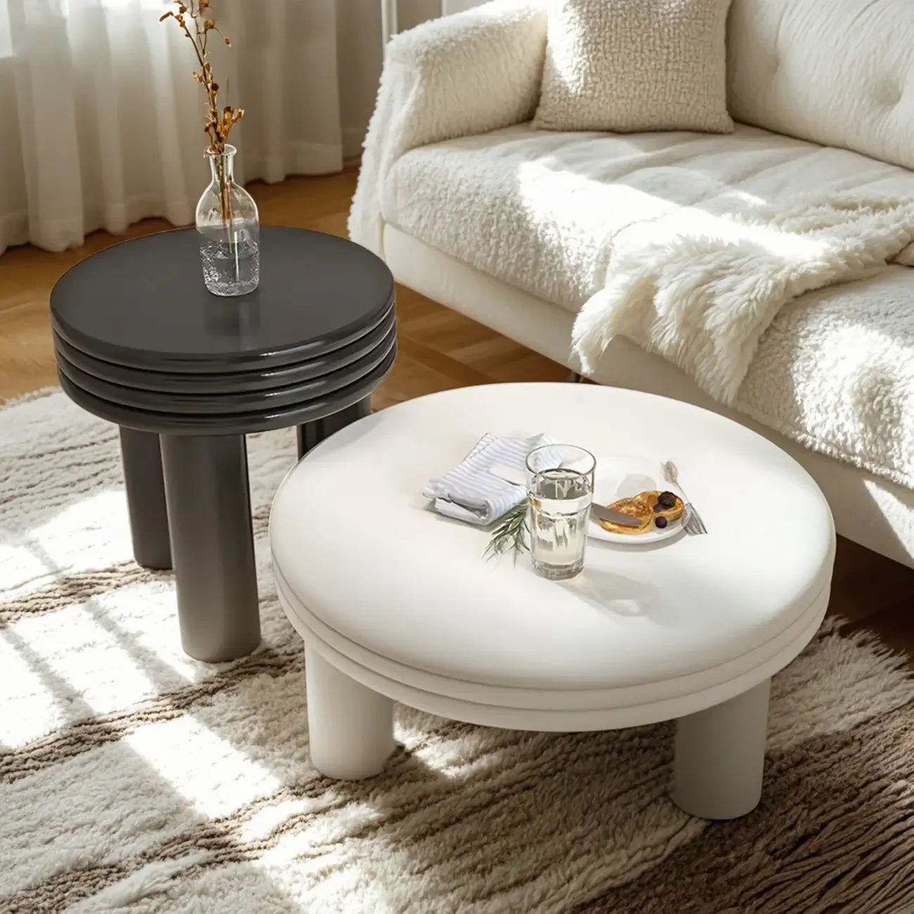 White Black Modern Elegant Round Wood Coffee Table Image - 5