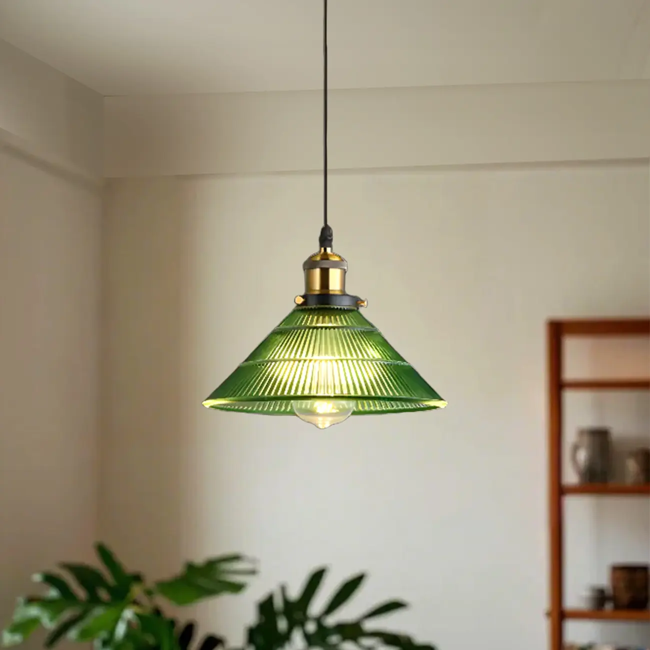 Vintage Green Cone Stained Glass Pendant Lamp with Stripes for Decor Image - 1 | homeyfad