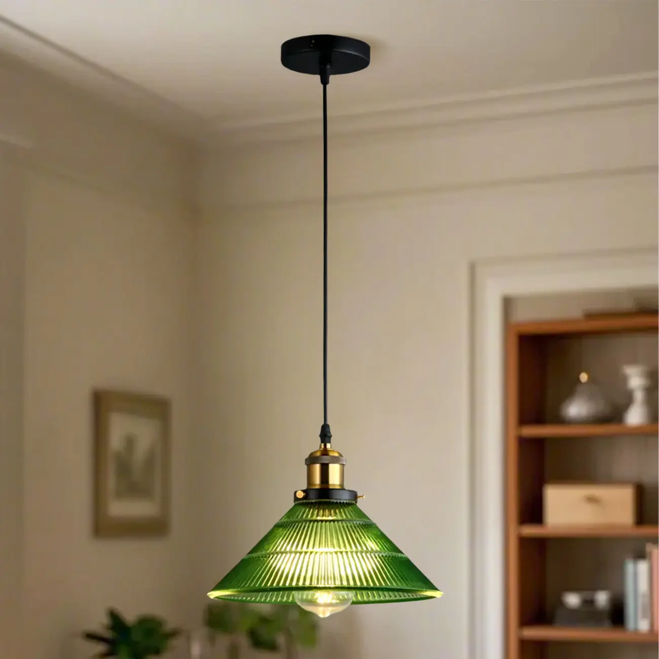 Vintage Green Cone Stained Glass Pendant Lamp with Stripes for Decor Image - 13 | homeyfad
