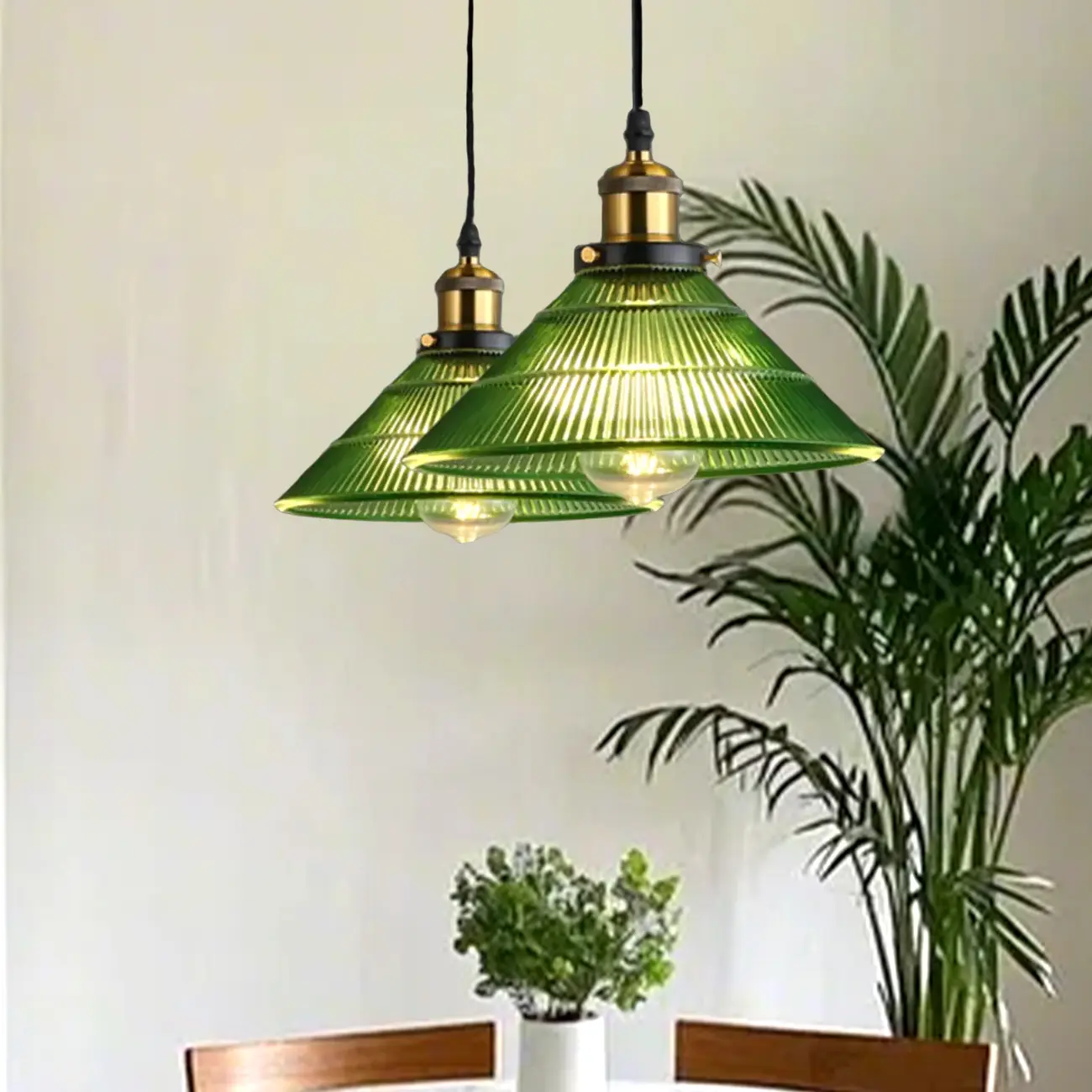 Vintage Green Cone Stained Glass Pendant Lamp with Stripes for Decor Image - 4 | homeyfad