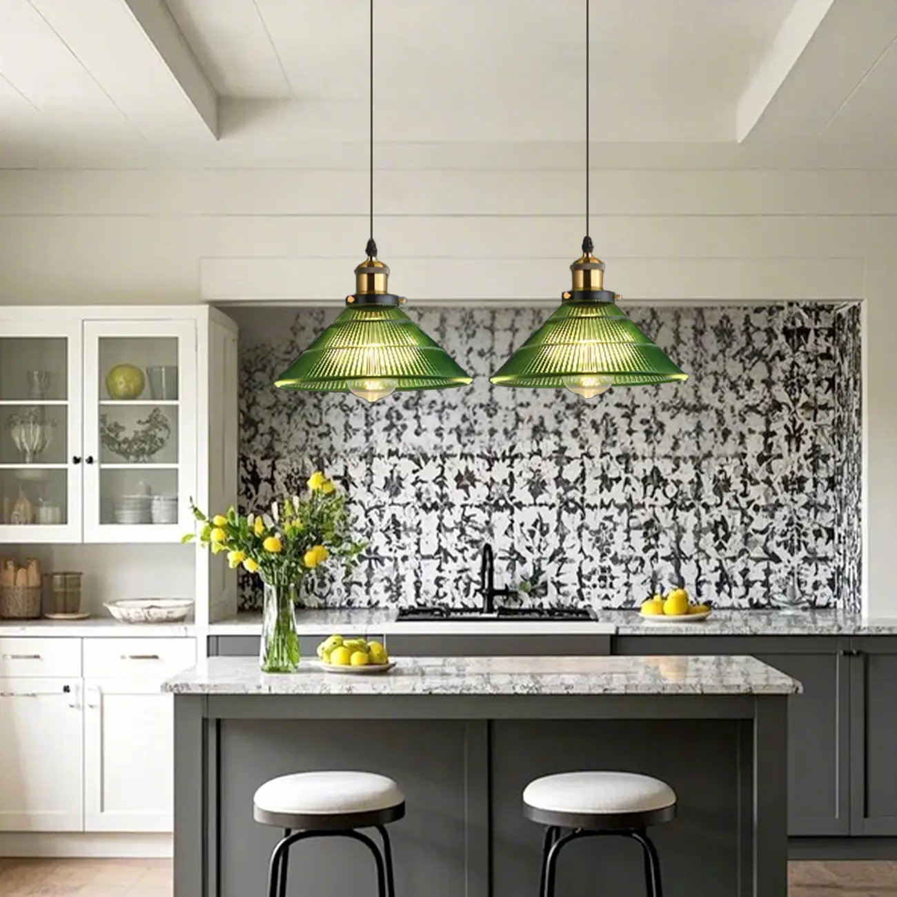 Vintage Green Cone Stained Glass Pendant Lamp with Stripes for Decor Image - 5 | homeyfad