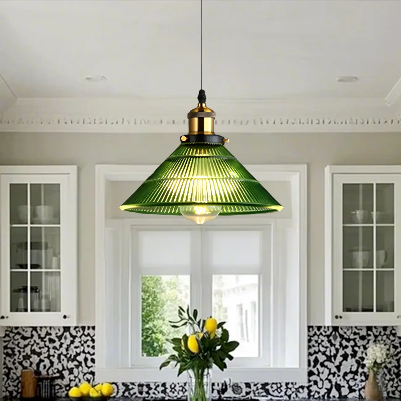 Vintage Green Cone Stained Glass Pendant Lamp with Stripes for Decor Image - 6 | homeyfad