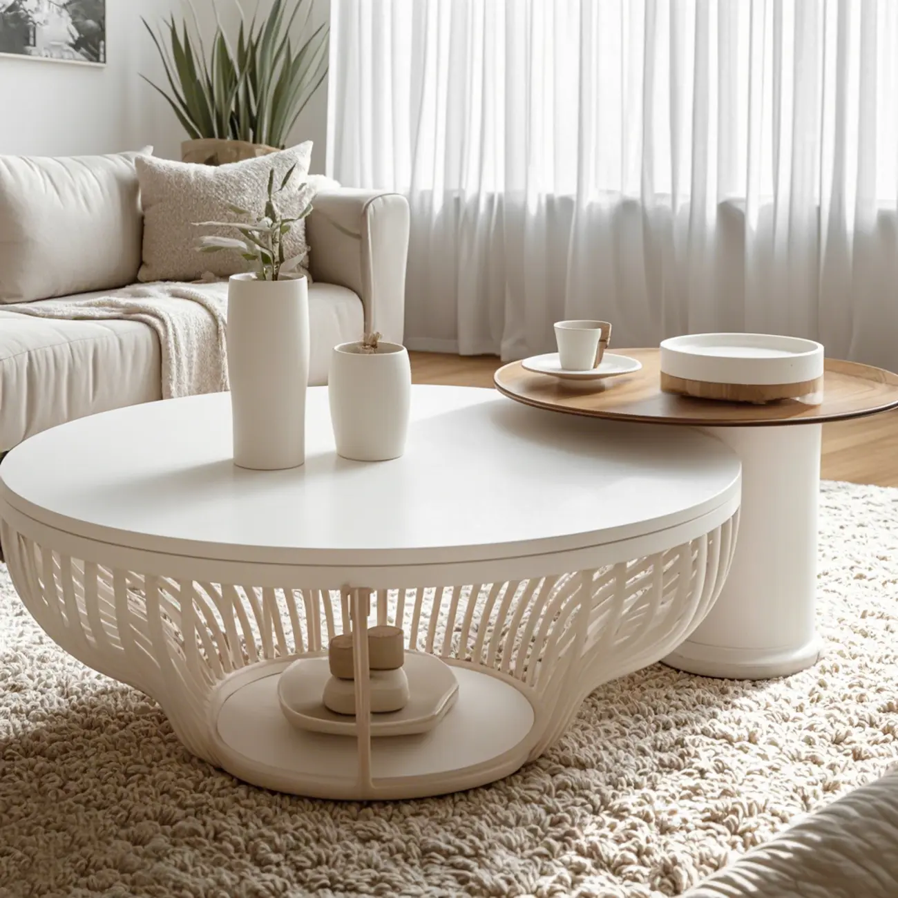 White Round Modern Wood Coffee Table with Storage Base Image - 1 | homeyfad
