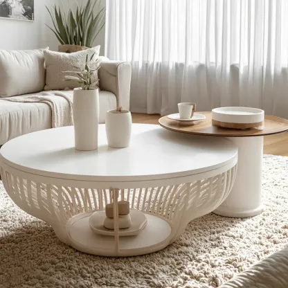 White Round Modern Wood Coffee Table with Storage Base Image - 1