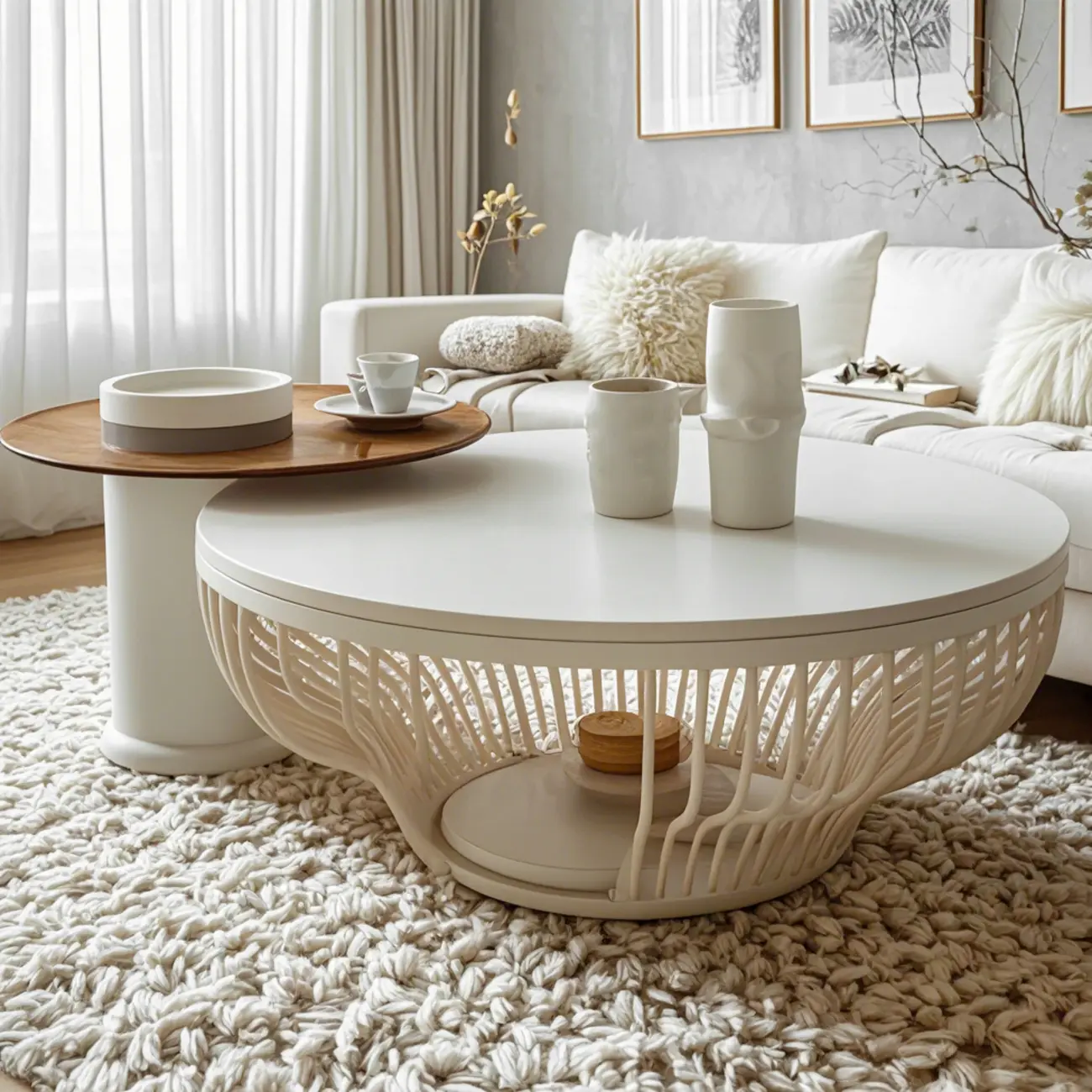 White Round Modern Wood Coffee Table with Storage Base Image - 2 | homeyfad