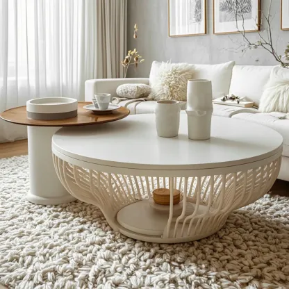 White Round Modern Wood Coffee Table with Storage Base Image - 2