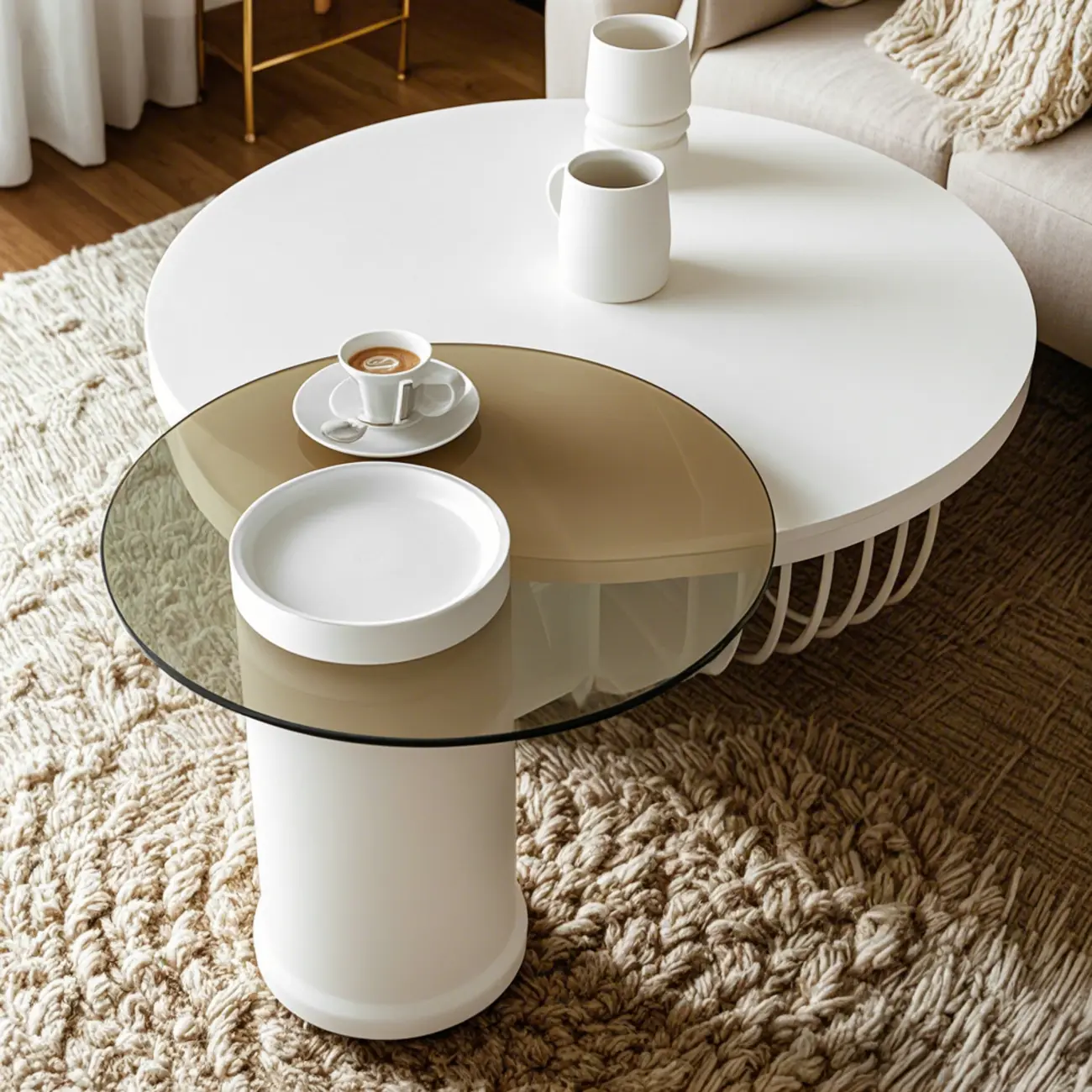 White Round Modern Wood Coffee Table with Storage Base Image - 3 | homeyfad