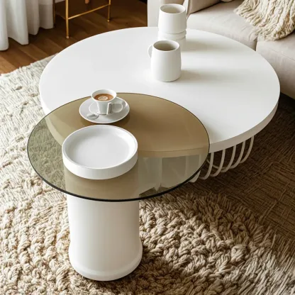 White Round Modern Wood Coffee Table with Storage Base Image - 3