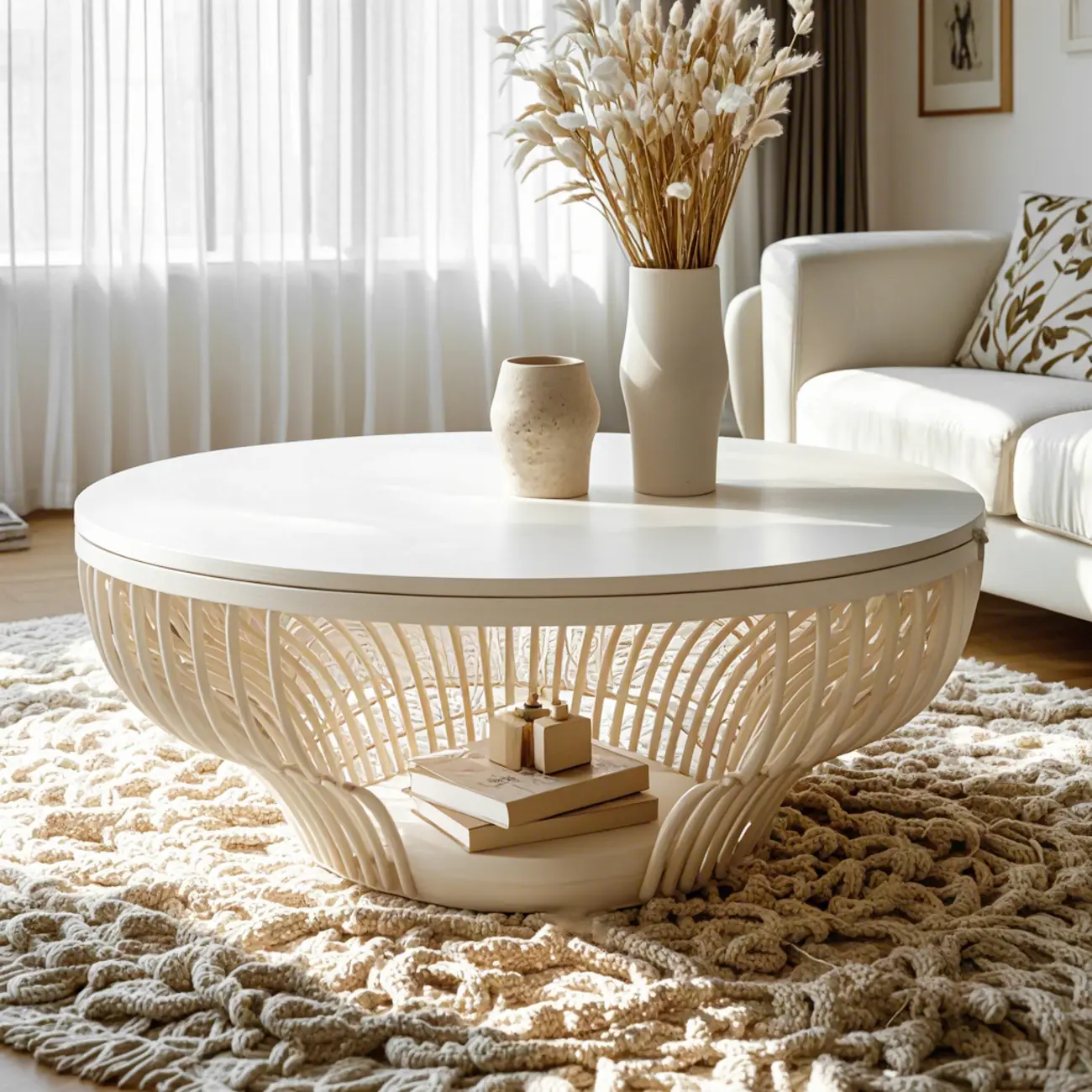 White Round Modern Wood Coffee Table with Storage Base Image - 6 | homeyfad