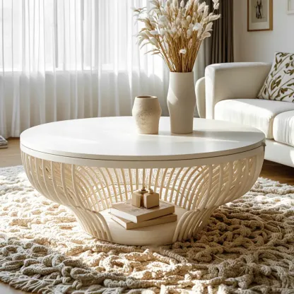 White Round Modern Wood Coffee Table with Storage Base Image - 6