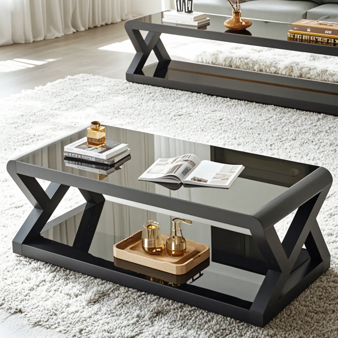 Modern Black Rectangle Glass Metal Coffee Table Image - 1 | homeyfad