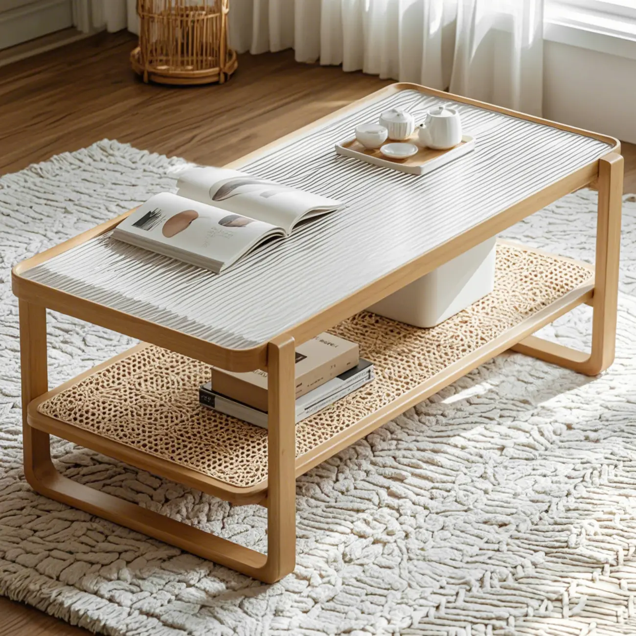 Modern Natural Bamboo Rectangle Glass Coffee Table Image - 1 | homeyfad