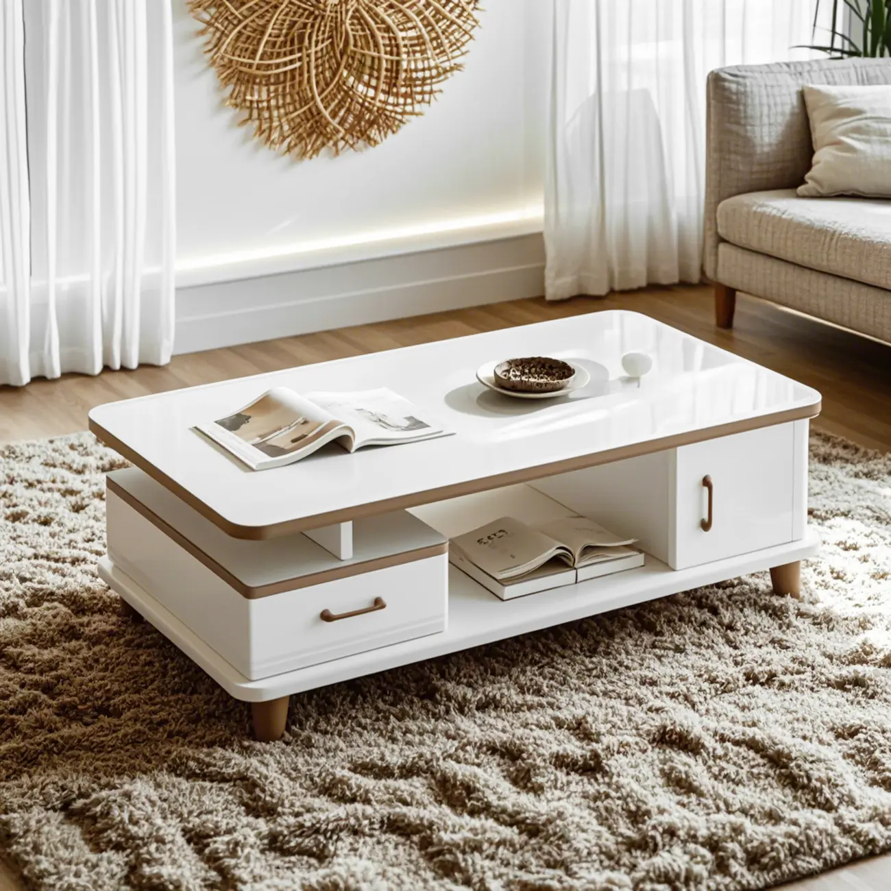 White Geometric Wood Glass Coffee Table with Storage Image - 1 | homeyfad
