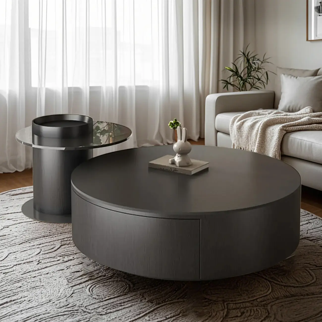 Black Modern Sleek Nesting Round Wood Drawer Coffee Table Image - 1 | homeyfad