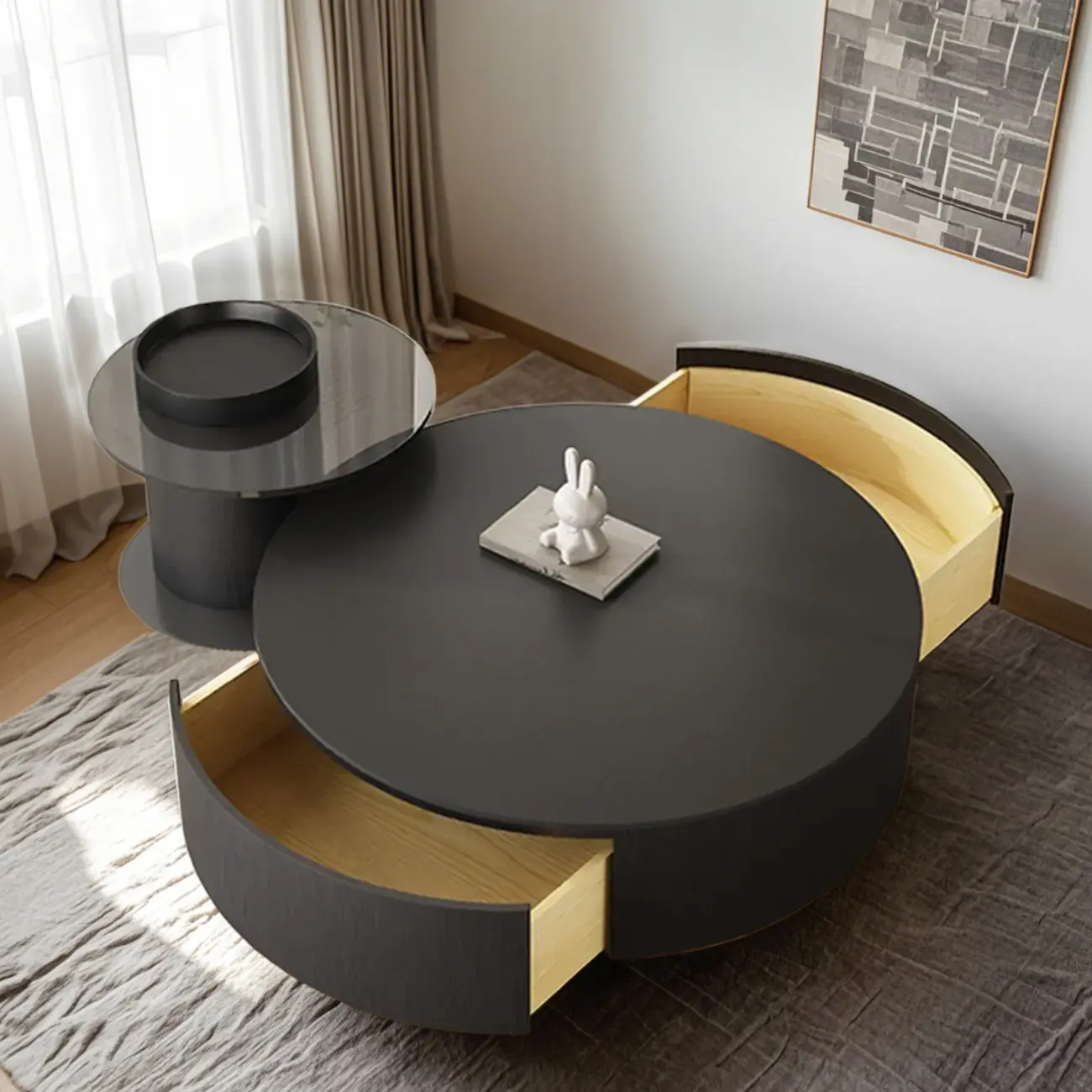 Black Modern Sleek Nesting Round Wood Drawer Coffee Table Image - 2 | homeyfad