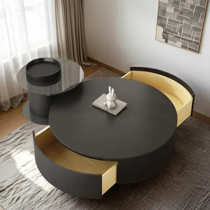 Black Modern Sleek Nesting Round Wood Drawer Coffee Table Image - 2