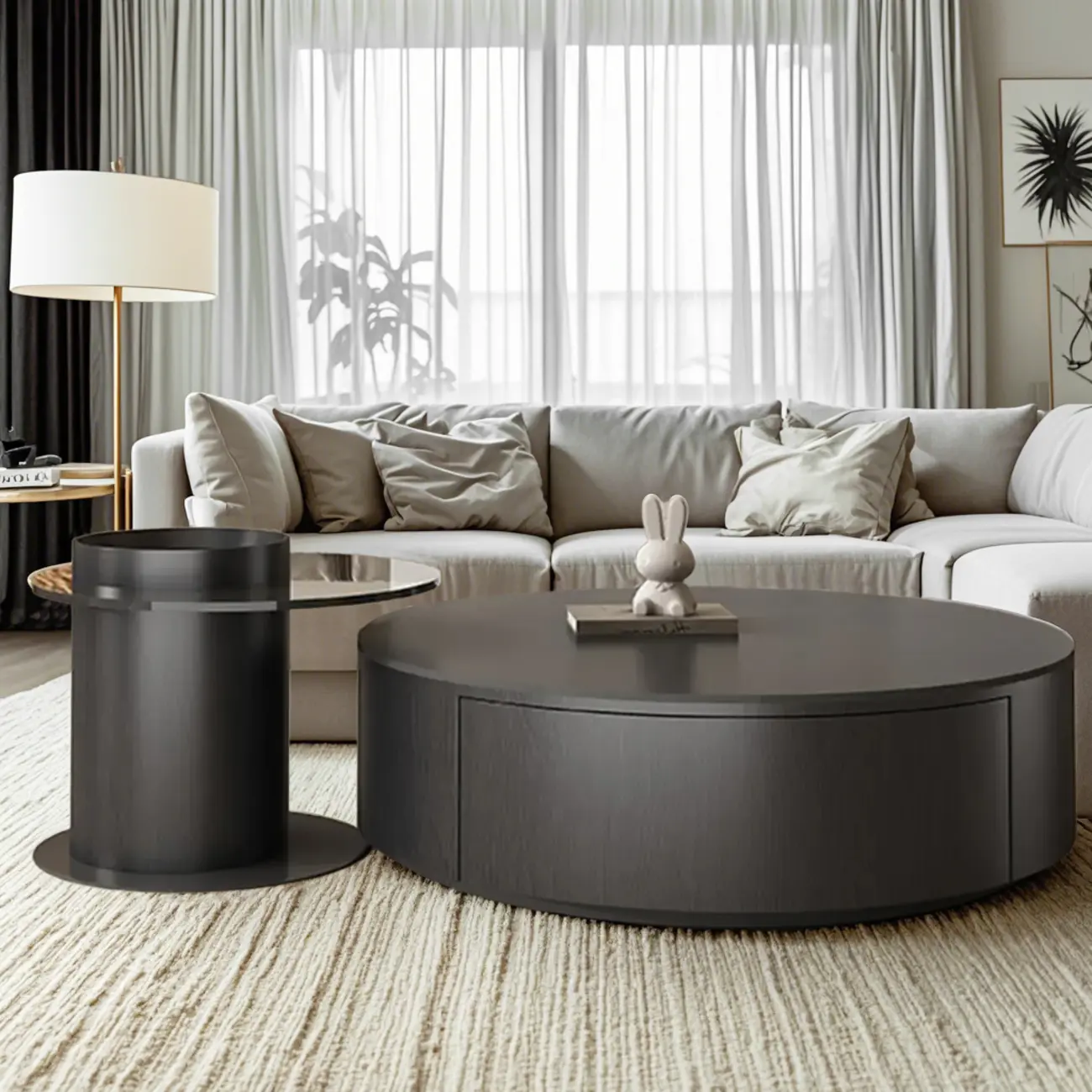 Black Modern Sleek Nesting Round Wood Drawer Coffee Table Image - 3 | homeyfad