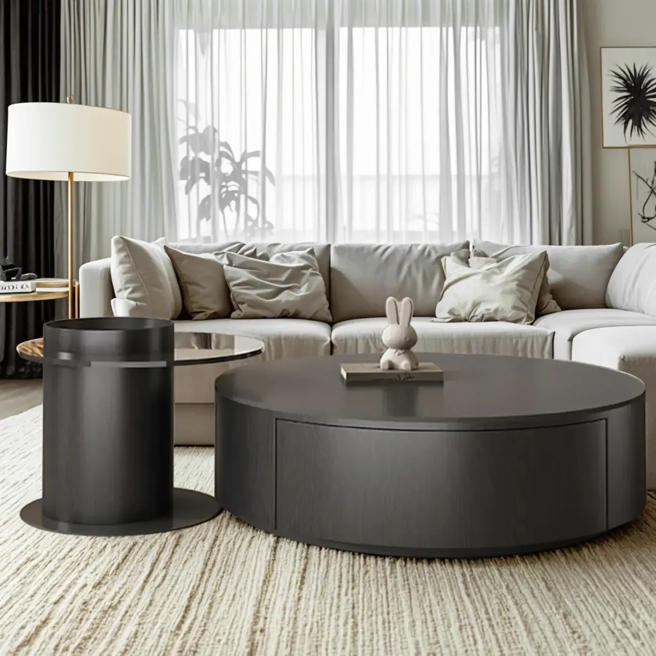 Black Modern Sleek Nesting Round Wood Drawer Coffee Table Image - 3