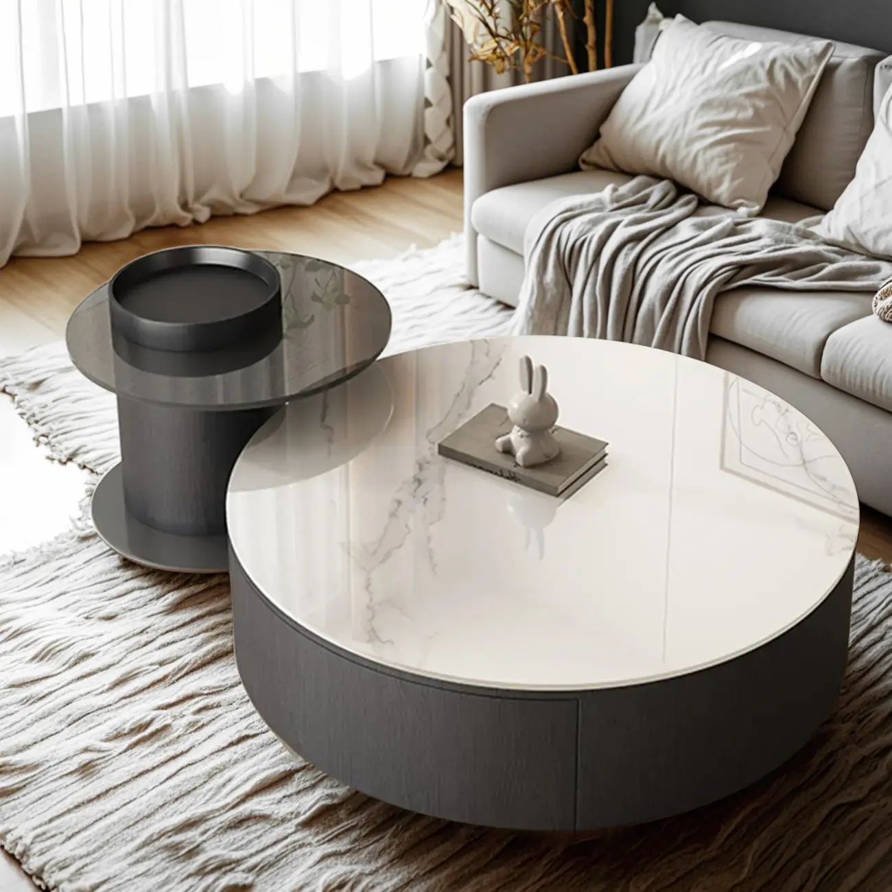 Black Modern Sleek Nesting Round Wood Drawer Coffee Table Image - 4 | homeyfad