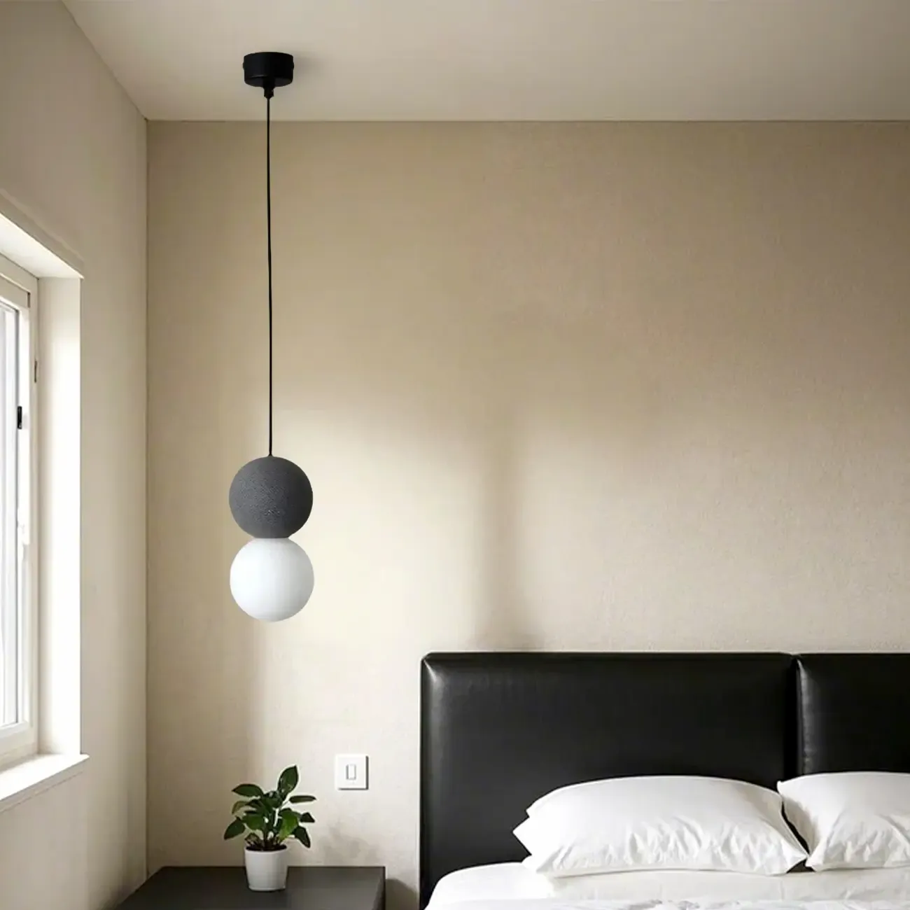 Minimalist Milky Glass Globe Pendant Lamp with Beaded Detail for Bedside Image - 15