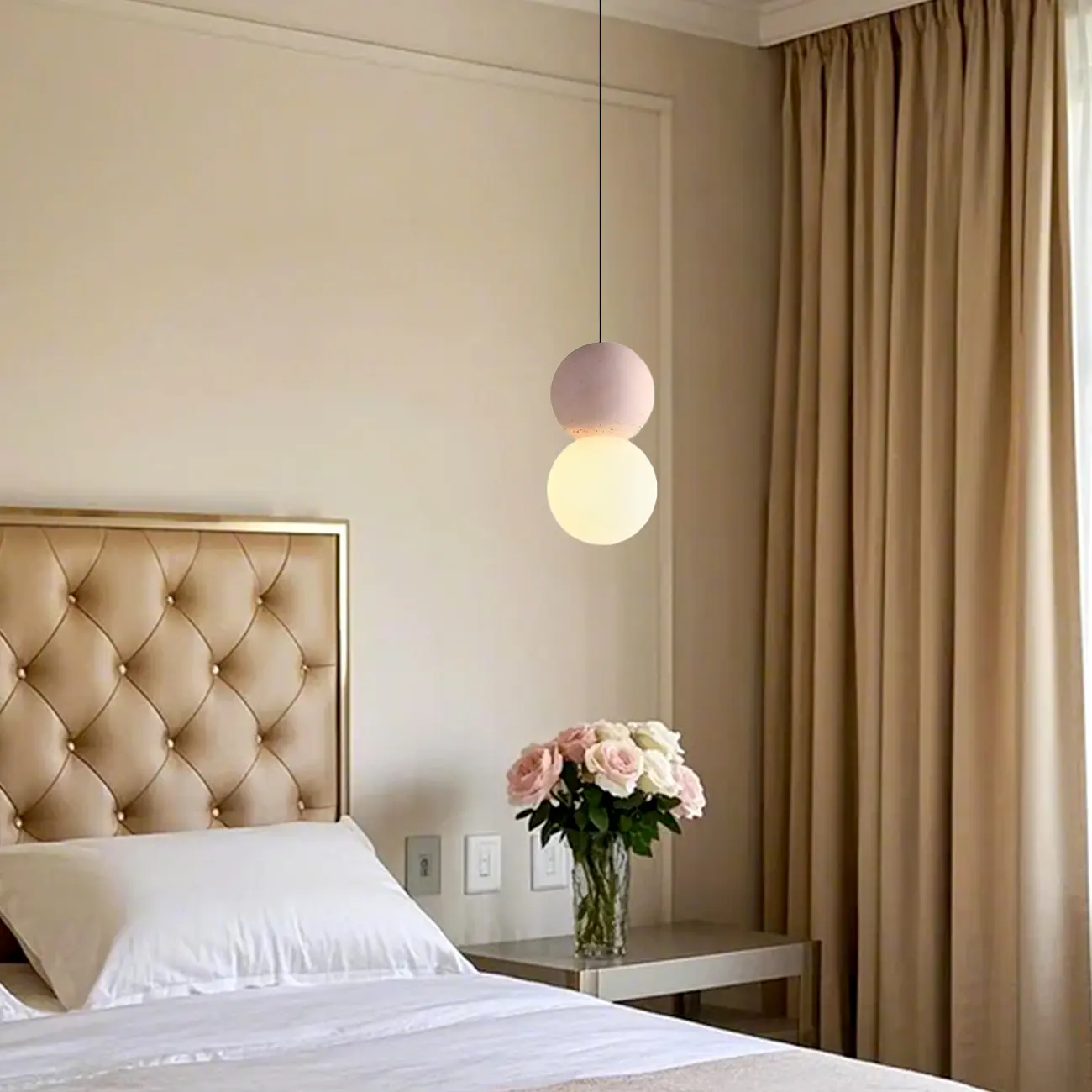 Minimalist Milky Glass Globe Pendant Lamp with Beaded Detail for Bedside Image - 4 | homeyfad