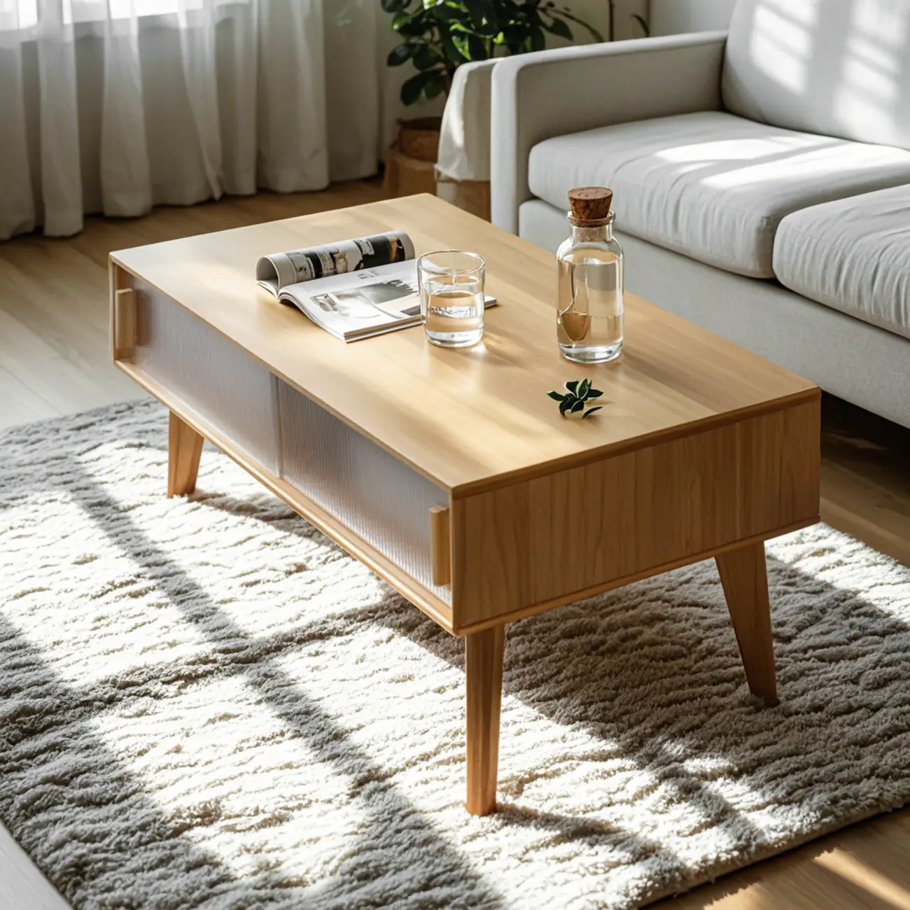 Natural Modern Storage Rectangle Wood Coffee Table Image - 1 | homeyfad