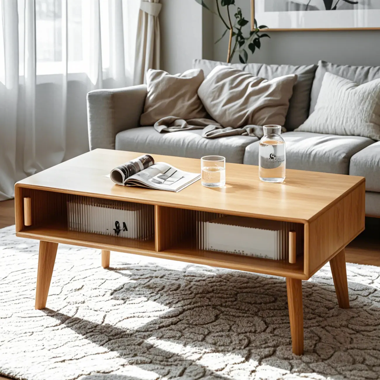 Natural Modern Storage Rectangle Wood Coffee Table Image - 2 | homeyfad