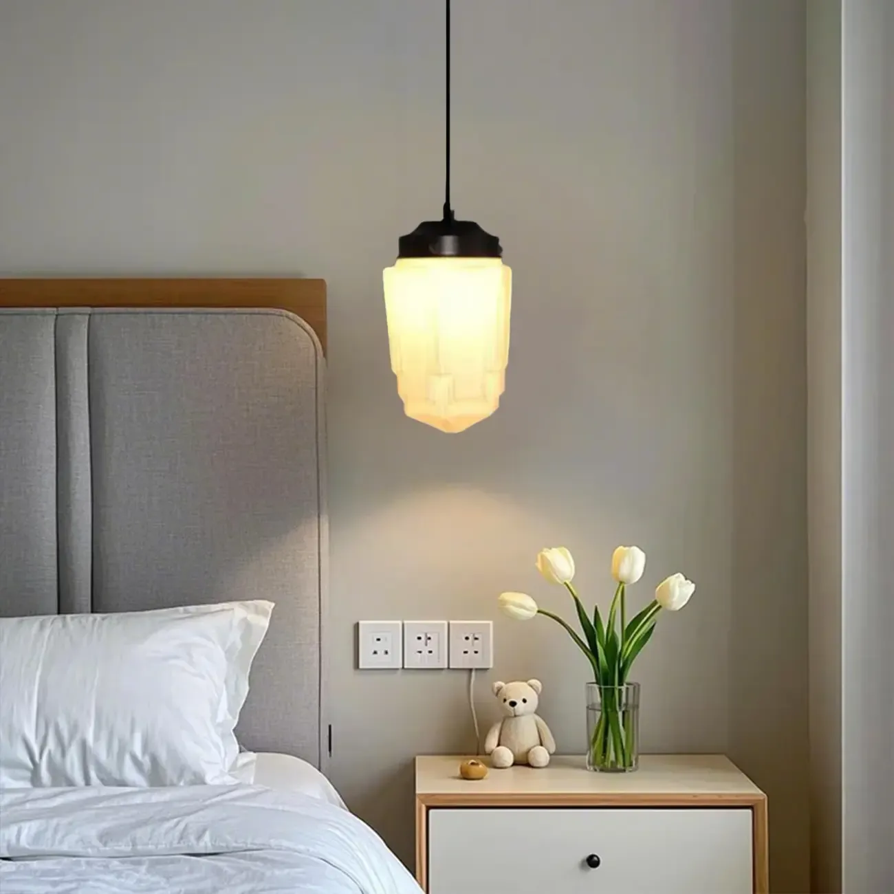 Modern Frosted Glass LED bedside pendant lamp in Hazelnut Tone Image - 7