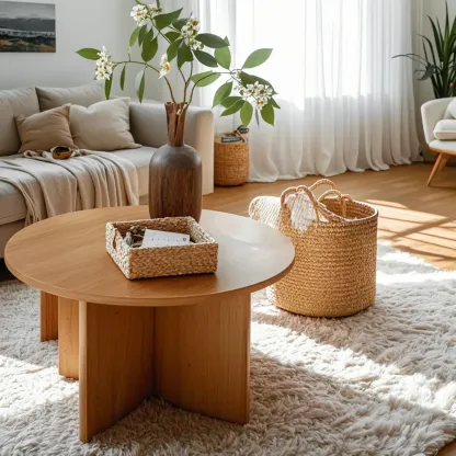 Modern Solid Wood Round Coffee Table Set with Dual Sizes  Image - 2