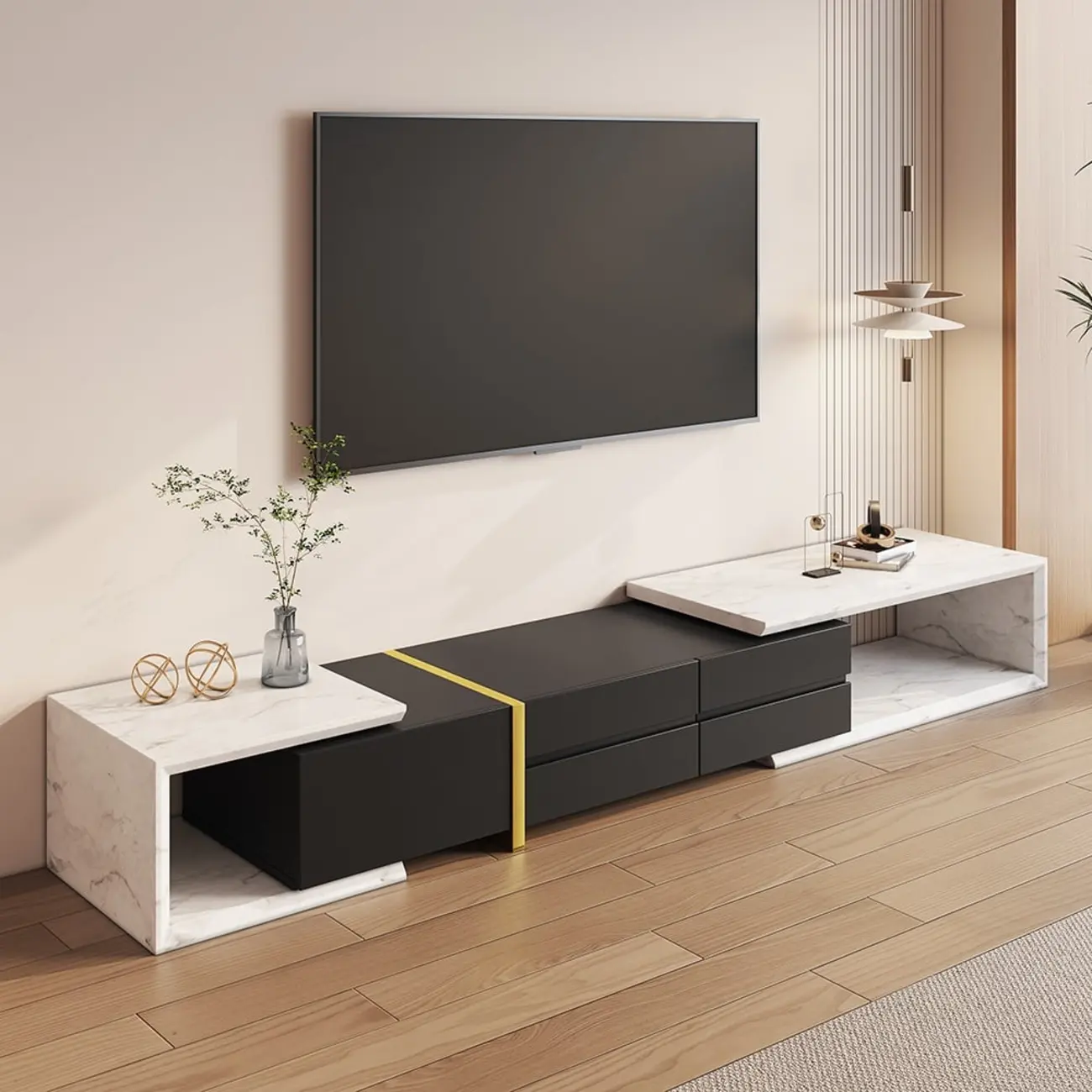 Extendable Modern White & Black 2 Drawers Wooden TV Stand Image - 7 | homeyfad
