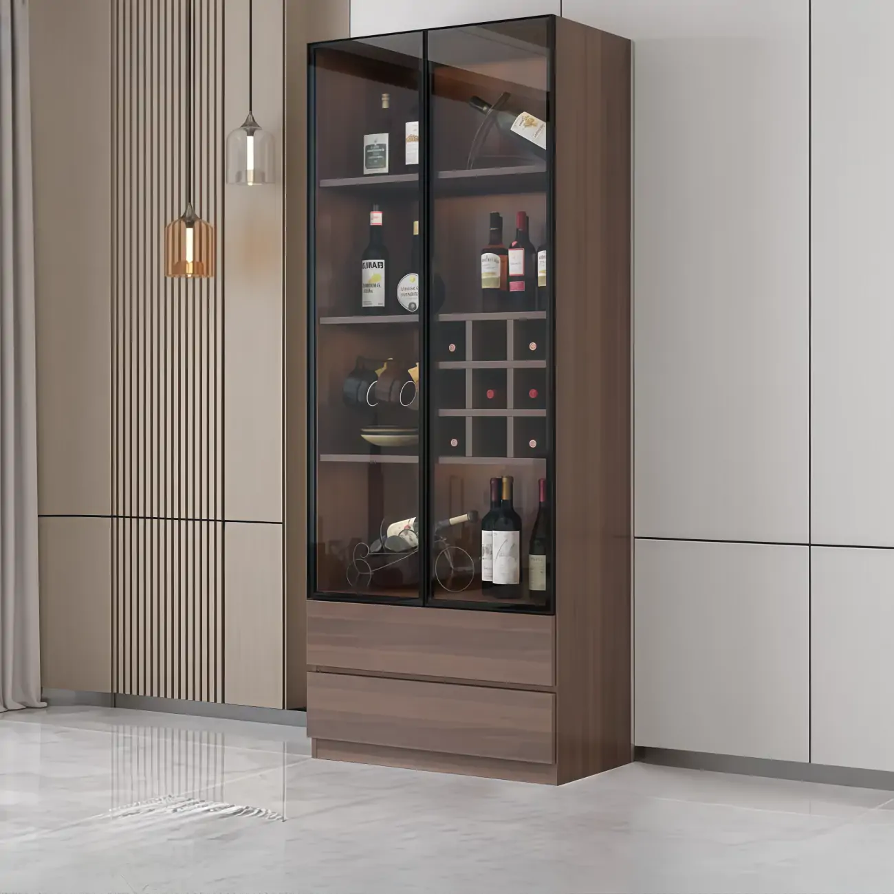 Traditional Wooden Brown Floor Wine Cabinet with Doors | homeyfad